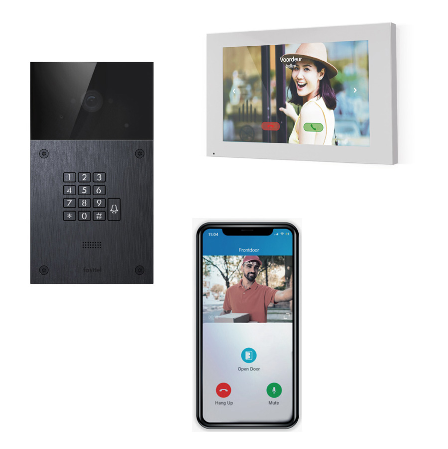 Doorphone entry videokit
1 knop, met camera, met keypad
7? Monitor � switch � 4 x app.